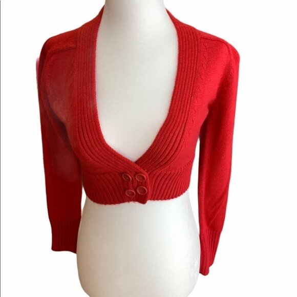 Cropped buttoned mini red cardigan - Picture 2 of 7